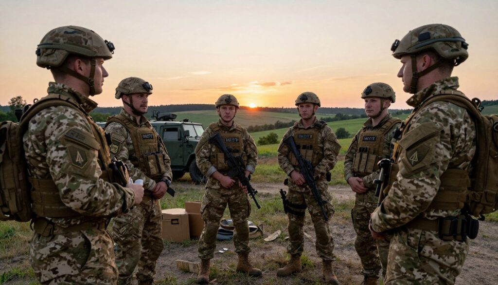A Polish territorial defense soldier in full tactical gear, engaged in a strategic outdoor discussion with fellow comrades, with a backdrop of a vivid sunset over a rural landscape. The foreground features the soldiers standing confidently, showcasing their uniforms, patches of the "WOT" (Wojska Obrony Terytorialnej) clearly visible. In the middle ground, display military vehicles and supplies, hinting at preparation for missions. The background should depict a serene countryside setting, with rolling hills and trees, promoting a sense of community and vigilance. Use warm, natural lighting to create a motivational and immersive atmosphere, capturing the essence of modern military life and the camaraderie of the forces. A Polish territorial defense soldier in full tactical gear, engaged in a strategic outdoor discussion with fellow comrades, with a backdrop of a vivid sunset over a rural landscape. The foreground features the soldiers standing confidently, showcasing their uniforms, patches of the "WOT" (Wojska Obrony Terytorialnej) clearly visible. In the middle ground, display military vehicles and supplies, hinting at preparation for missions. The background should depict a serene countryside setting, with rolling hills and trees, promoting a sense of community and vigilance. Use warm, natural lighting to create a motivational and immersive atmosphere, capturing the essence of modern military life and the camaraderie of the forces.