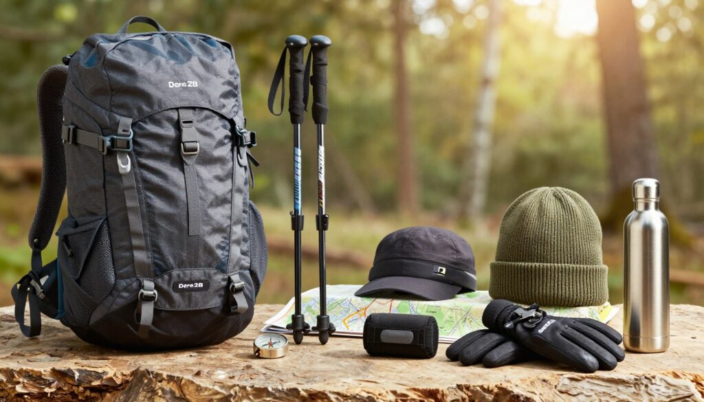 A beautifully arranged flat lay of a variety of outdoor accessories by Dare2B, showcasing high-quality items like a versatile backpack, durable trekking poles, a warm beanie, insulated gloves, a multipurpose headwear, and a stainless-steel water bottle. The foreground features the accessories artfully placed on a textured surface resembling natural wood or stone, adding an earthy touch. In the middle, there could be a hint of outdoor gear, like a map or compass, subtly included to enhance the theme. The background displays a blurred outdoor setting, with soft sunlight filtering through trees, creating a warm and inviting atmosphere. Capture the scene with a natural light source to emphasize vibrant colors and textures, evoking adventure and exploration. A beautifully arranged flat lay of a variety of outdoor accessories by Dare2B, showcasing high-quality items like a versatile backpack, durable trekking poles, a warm beanie, insulated gloves, a multipurpose headwear, and a stainless-steel water bottle. The foreground features the accessories artfully placed on a textured surface resembling natural wood or stone, adding an earthy touch. In the middle, there could be a hint of outdoor gear, like a map or compass, subtly included to enhance the theme. The background displays a blurred outdoor setting, with soft sunlight filtering through trees, creating a warm and inviting atmosphere. Capture the scene with a natural light source to emphasize vibrant colors and textures, evoking adventure and exploration.