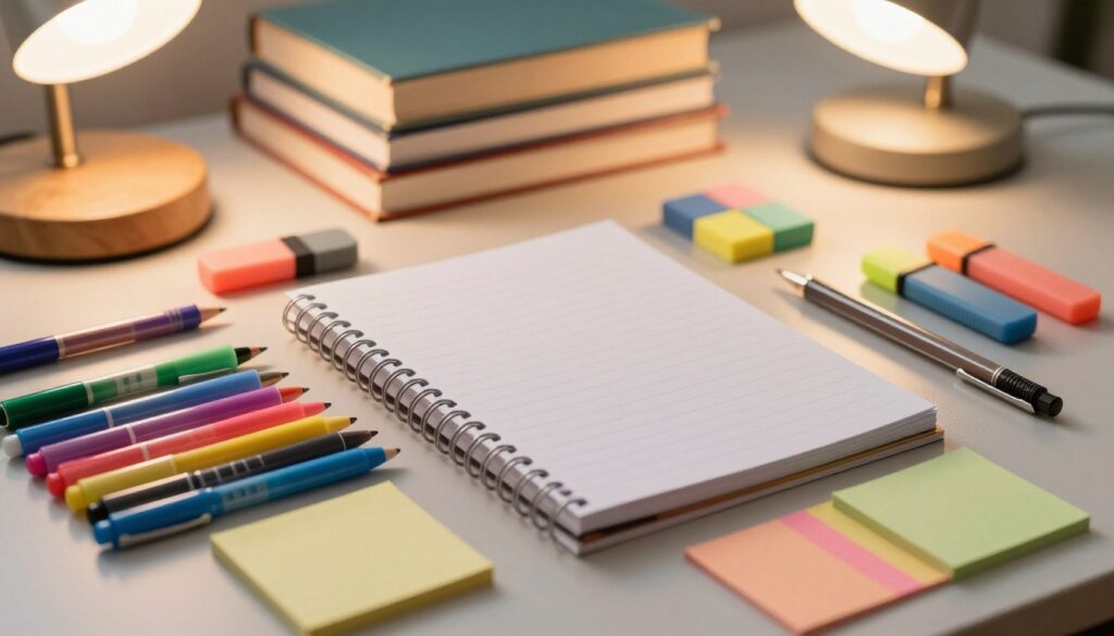 A beautifully arranged flat lay of essential writing and correction tools for students, including colorful pens, highlighters, erasers, and a notepad. The foreground features vibrant gel pens in various colors, neatly placed alongside a functional mechanical pencil and an array of sticky notes. In the middle, a classic spiral-bound notebook opens to a blank page, inviting creativity. Behind, a softly blurred stack of textbooks adds depth, with a cozy study lamp casting a warm, inviting glow over the scene. The lighting highlights the textures of the writing tools, creating a productive and inspiring atmosphere. The angle is slightly overhead, capturing the organized chaos of a student’s desk, conveying a sense of readiness for academic challenges ahead.