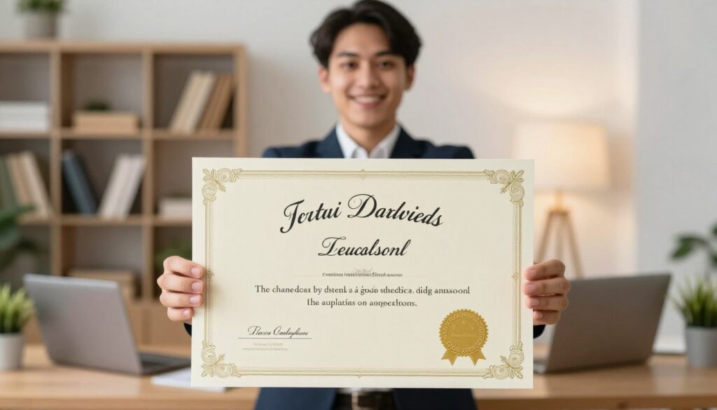 A beautifully designed diploma displayed prominently in the foreground, featuring elegant calligraphy and ornate borders with a golden seal symbolizing achievement. The diploma should be styled to resemble an official academic certificate, including personalized elements like a name and degree title. In the middle ground, a blurred image of a student in professional business attire stands, proudly holding the diploma with a satisfied smile, symbolizing success in their online studies. The background displays a cozy, well-lit home office environment, with bookshelves, a laptop, and plant decor, creating a sense of a modern learning space. Soft, warm lighting enhances the inviting atmosphere, while a shallow focus emphasizes the diploma as the central subject, capturing the mood of accomplishment and readiness for the job market. A beautifully designed diploma displayed prominently in the foreground, featuring elegant calligraphy and ornate borders with a golden seal symbolizing achievement. The diploma should be styled to resemble an official academic certificate, including personalized elements like a name and degree title. In the middle ground, a blurred image of a student in professional business attire stands, proudly holding the diploma with a satisfied smile, symbolizing success in their online studies. The background displays a cozy, well-lit home office environment, with bookshelves, a laptop, and plant decor, creating a sense of a modern learning space. Soft, warm lighting enhances the inviting atmosphere, while a shallow focus emphasizes the diploma as the central subject, capturing the mood of accomplishment and readiness for the job market.