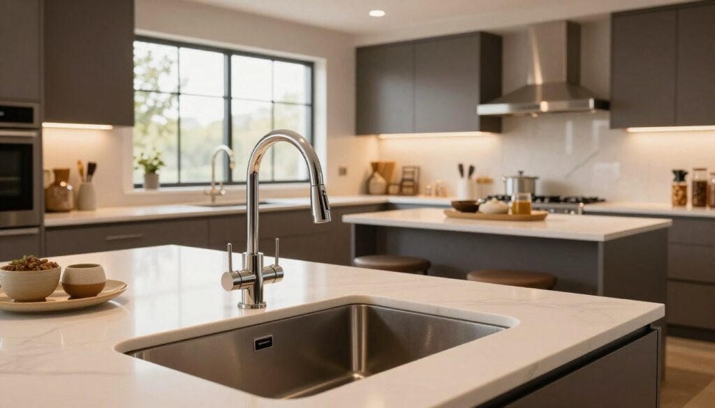 A beautifully designed modern kitchen featuring Deante's quality plumbing fixtures and elegant design elements. In the foreground, showcase a sleek, stylish sink with an innovative faucet gleaming under warm, ambient lighting. The middle ground displays a well-organized countertop adorned with decorative kitchen accessories, reflecting a blend of functionality and aesthetics. In the background, large windows let in natural light, illuminating the open space filled with contemporary cabinetry and appliances. The atmosphere should evoke a sense of sophistication and practicality, capturing the essence of the Deante brand, known for its focus on quality craftsmanship and thoughtful design. The scene should be shot from a slightly elevated angle to provide a comprehensive view of the kitchen layout and features, enhancing the viewer's appreciation of the space.
