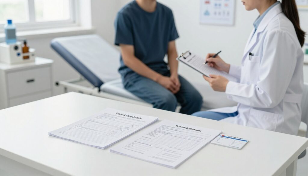 A bright, professional medical examination room, featuring a clean, well-organized space. In the foreground, a meticulous arrangement of essential documents required for medical examinations for students: a health questionnaire, identification card, and vaccination history. In the middle, a patient, a young adult in smart casual attire, sits patiently on an examination table while a healthcare professional, dressed in a white lab coat, checks a clipboard. The background includes medical instruments and charts, softly lit by natural light filtering through a window. The atmosphere is calm and reassuring, conveying the importance of thoroughness and professionalism in medical exams. The angle is slightly elevated, giving a comprehensive view of the interaction, emphasizing the significance of documentation for student medical exams. A bright, professional medical examination room, featuring a clean, well-organized space. In the foreground, a meticulous arrangement of essential documents required for medical examinations for students: a health questionnaire, identification card, and vaccination history. In the middle, a patient, a young adult in smart casual attire, sits patiently on an examination table while a healthcare professional, dressed in a white lab coat, checks a clipboard. The background includes medical instruments and charts, softly lit by natural light filtering through a window. The atmosphere is calm and reassuring, conveying the importance of thoroughness and professionalism in medical exams. The angle is slightly elevated, giving a comprehensive view of the interaction, emphasizing the significance of documentation for student medical exams.
