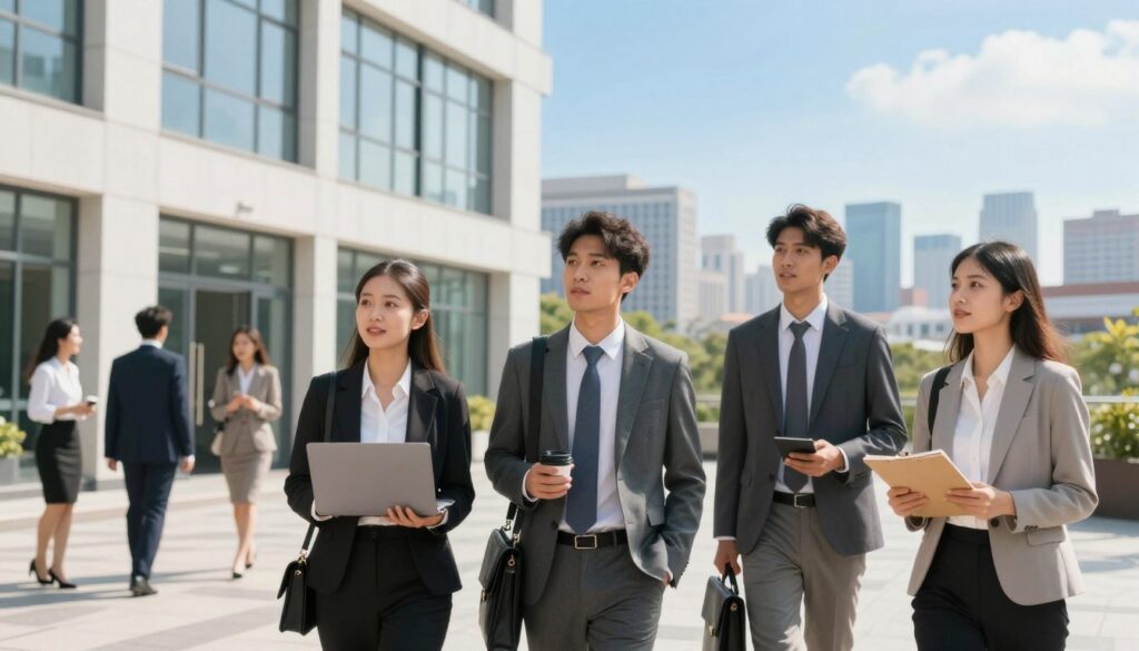 A bustling job market scene, showcasing a diverse group of young professionals in business attire engaged in discussion and networking. Foreground features a diverse group of three individuals: a woman with a laptop, a man holding a briefcase, and a woman with a notepad, all looking confidently toward the future. In the middle ground, there's a modern office building with large windows, and several people in professional attire entering or exiting. The background showcases a vibrant city skyline under a bright blue sky, symbolizing opportunities. Warm, natural lighting illuminates the scene, creating an optimistic atmosphere. Use a wide-angle lens to capture the busy energy of the job market, emphasizing professionalism and hope. A bustling job market scene, showcasing a diverse group of young professionals in business attire engaged in discussion and networking. Foreground features a diverse group of three individuals: a woman with a laptop, a man holding a briefcase, and a woman with a notepad, all looking confidently toward the future. In the middle ground, there's a modern office building with large windows, and several people in professional attire entering or exiting. The background showcases a vibrant city skyline under a bright blue sky, symbolizing opportunities. Warm, natural lighting illuminates the scene, creating an optimistic atmosphere. Use a wide-angle lens to capture the busy energy of the job market, emphasizing professionalism and hope.