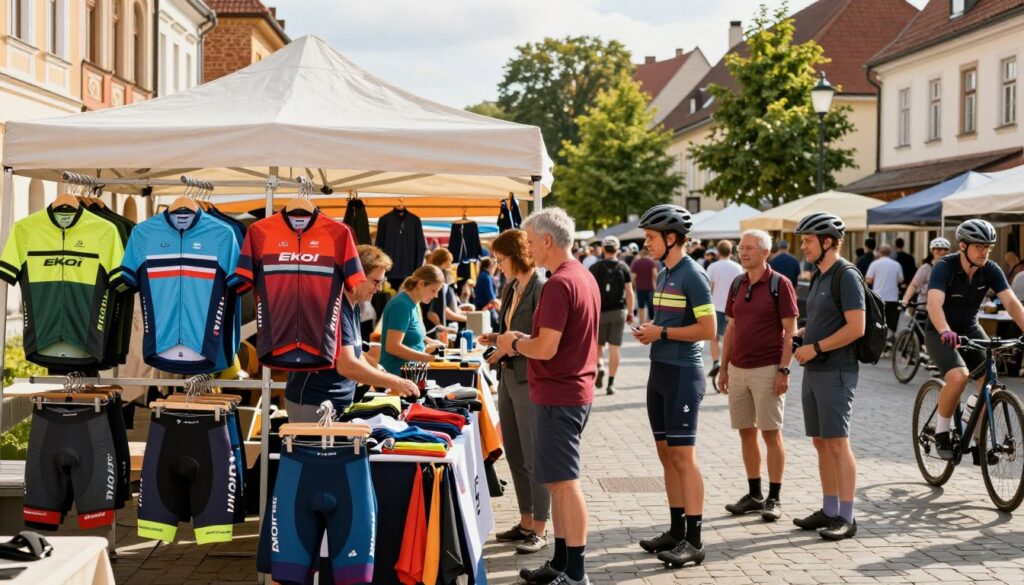 A bustling market scene, focusing on a lively outdoor 'rynek' in a picturesque European town, showcasing a variety of vibrant stalls selling cycling apparel. In the foreground, a well-organized stall highlights Ekoi's high-performance cycling clothing, with colorful jerseys and sleek shorts neatly displayed. Enthusiastic shoppers, dressed in professional cycling attire, engage with friendly vendors, creating a sense of community. The background features charming historical architecture and lush greenery, bathed in warm afternoon lighting, suggesting a clear, sunny day. Capture the atmosphere of energy and passion for cycling, with a slight hint of motion as cyclists ride past, evoking a lively market vibe that emphasizes the brand's presence in the cycling community.