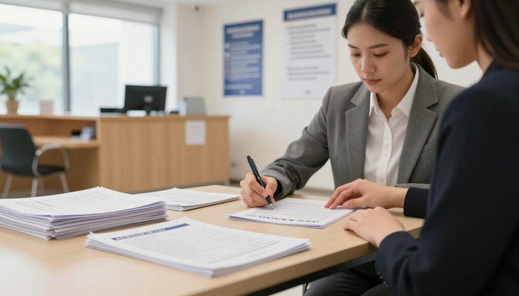 A busy employment office interior illustrating the concept of job registration. In the foreground, a neatly arranged desk with essential documents like IDs and forms, neatly stacked on one side, emphasizing organization and readiness. In the middle, a professional-looking individual in business attire, appearing focused and engaged while filling out registration forms. The background features a welcoming reception area with informational posters about job services, softly illuminated by natural light streaming through large windows, creating a calm and efficient atmosphere. The scene conveys a sense of anticipation and professionalism, with warm colors enhancing the inviting mood.