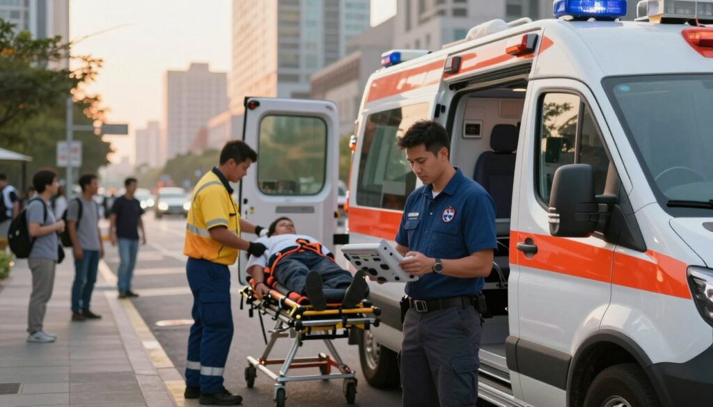 A busy urban medical emergency scene featuring an ambulance parked on a city street during golden hour, reflecting the duties and responsibilities of an ambulance driver. In the foreground, a professional, focused ambulance driver in smart casual attire checks medical equipment while standing beside the ambulance, showcasing their role. The middle ground captures an emergency medical technician in uniform, attending to a patient who is being wheeled into the ambulance on a stretcher, emphasizing teamwork and urgency. In the background, the city skyline is softened by the warm light, with people observing from a safe distance, adding to the atmosphere of an intense yet controlled emergency situation. The scene conveys a sense of responsibility, professionalism, and the critical nature of the ambulance driver’s role, with a soft focus on the medical equipment to reflect the specialized skills required. A busy urban medical emergency scene featuring an ambulance parked on a city street during golden hour, reflecting the duties and responsibilities of an ambulance driver. In the foreground, a professional, focused ambulance driver in smart casual attire checks medical equipment while standing beside the ambulance, showcasing their role. The middle ground captures an emergency medical technician in uniform, attending to a patient who is being wheeled into the ambulance on a stretcher, emphasizing teamwork and urgency. In the background, the city skyline is softened by the warm light, with people observing from a safe distance, adding to the atmosphere of an intense yet controlled emergency situation. The scene conveys a sense of responsibility, professionalism, and the critical nature of the ambulance driver’s role, with a soft focus on the medical equipment to reflect the specialized skills required.