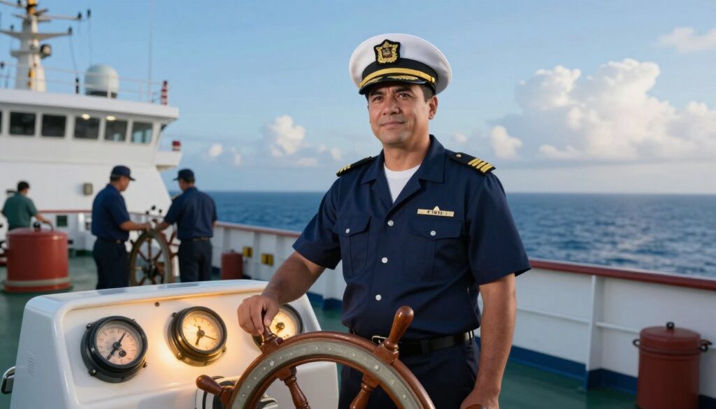 A captain of a large merchant ship stands confidently at the helm, dressed in a crisp, tailored navy blue uniform and a captain's hat, reflecting professionalism and authority. In the foreground, a detailed ship's steering wheel and navigational instruments are illuminated by soft, warm light, emphasizing the captain's role and responsibilities. The middle ground reveals the ship's deck, with crew members in the background performing tasks, creating a sense of teamwork and diligence. The ocean stretches into the distance, under a clear blue sky with a few fluffy clouds, evoking a sense of adventure and vast opportunities. The overall mood is one of determination and hope, set in a contemporary context that hints at the financial aspects of the profession in 2026.
