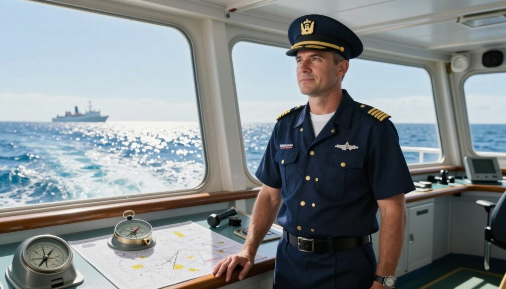 A charismatic ship captain standing confidently on the bridge of a modern vessel, dressed in a crisp navy uniform with gold insignia. In the foreground, prominent elements include navigational tools like a compass and charts, symbolizing leadership and responsibility. The middle ground features a panoramic view of the ocean, with sparkling waves and a clear blue sky, reflecting the freedom and adventure of maritime life. In the background, a distant horizon showcases another ship, emphasizing camaraderie in the industry. Soft, natural light streams in from large windows, creating an inspiring atmosphere. The scene captures the essence of a captain's role, highlighting the benefits and perks associated with this prestigious profession, evoking feelings of pride and ambition.
