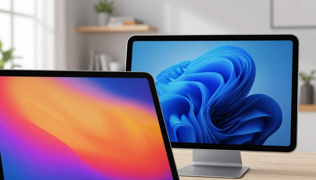 A close-up illustration comparing an IPS display and an AMOLED display side by side, showcasing their vibrant colors and image quality. In the foreground, vivid details of a tablet screen displaying a high-resolution image with rich color contrasts, highlighting the differences in brightness and saturation. The middle ground features a sleek tablet device, its screen turned on, with a subtle compare-and-contrast visual design suggesting a side-by-side analysis. In the background, a modern, minimalist study environment with soft, natural lighting that emphasizes the clarity of the displays. The atmosphere is serene and educational, inviting viewers to consider both options in their practical applications for note-taking and PDF reading. No text or additional elements in the image.