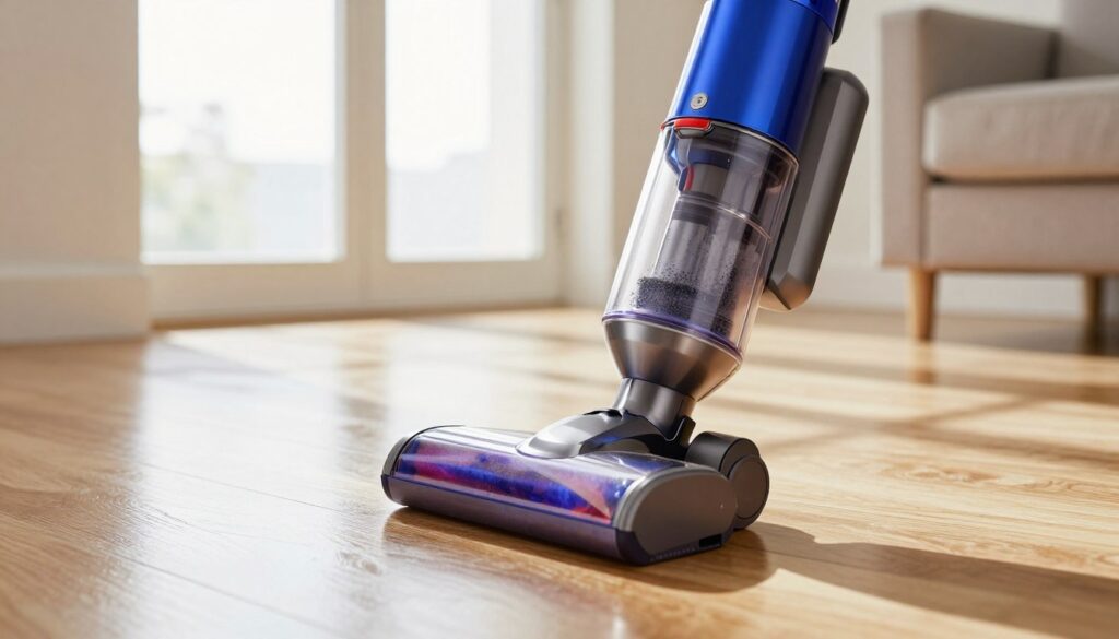 A close-up of a Dyson vacuum cleaner showcasing its powerful suction capabilities, set against a clean, modern home interior. In the foreground, the vacuum's sleek design is highlighted, with a focus on its transparent dust canister displaying fine dust particles being collected. In the middle ground, a glimmering hardwood floor reflects its spotless condition, emphasizing the effectiveness of the device. The background features soft, natural lighting from large windows, casting gentle shadows and creating a welcoming atmosphere. The focus is sharp on the vacuum while the background is slightly blurred, drawing attention to its innovative filtration technology. The mood is one of efficiency and cleanliness, embodying the spirit of Dyson's innovative approach to home cleaning technology.