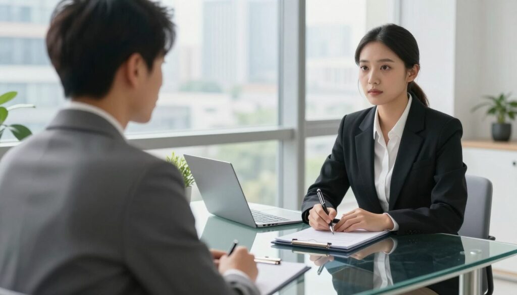 A close-up of a professional job interview scene in a bright, modern office. In the foreground, a confident candidate dressed in a smart business suit is seated across from a recruiter, who is dressed in professional attire as well. The recruiter has a notepad and a pen in hand, intently listening, and appears engaged. In the middle ground, a sleek glass table holds a laptop and a small plant, enhancing the professional atmosphere. The background features a large window with natural light streaming in, revealing a bustling cityscape outside. The mood is focused and serious, capturing the essence of a formal job interview. Use a soft focus for the background to emphasize the interaction between the two figures, creating a sense of warmth and professionalism.