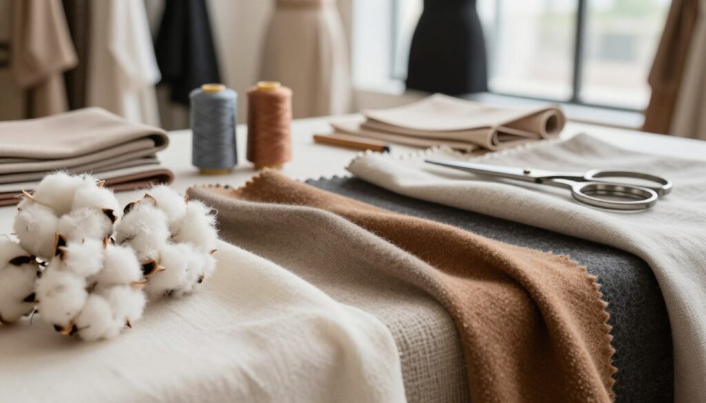 A close-up of high-quality fabric materials displayed artistically, showcasing a variety of textures and colors. In the foreground, soft cotton, luxurious wool, and breathable linen are arranged to evoke a tactile experience. The middle ground features elegant sewing tools like scissors and spools of thread, suggesting craftsmanship and attention to detail. In the background, a softly blurred setting of a well-lit fashion studio adds a creative ambiance, with gentle natural light filtering through large windows, creating a warm, inviting atmosphere. The overall mood is sophisticated and inviting, emphasizing quality and innovation in fashion.