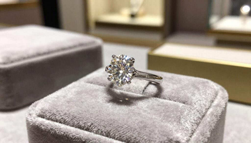 A close-up shot of a high-quality diamond ring from the brand "Diamant L'Eternel," showcasing its brilliant cut and exquisite craftsmanship. The ring is elegantly displayed on a velvet cushion with a subtle sheen, reflecting light in a way that highlights its clarity and sparkle. In the background, soft-focus luxury jewelry boxes and a faint hint of an opulent store interior can be seen, creating a sophisticated atmosphere. The lighting is warm and inviting, casting gentle shadows that emphasize the ring's features. Capture this in a shallow depth of field to draw attention to the diamond while ensuring the surrounding elements subtly enhance the luxurious context. A close-up shot of a high-quality diamond ring from the brand "Diamant L'Eternel," showcasing its brilliant cut and exquisite craftsmanship. The ring is elegantly displayed on a velvet cushion with a subtle sheen, reflecting light in a way that highlights its clarity and sparkle. In the background, soft-focus luxury jewelry boxes and a faint hint of an opulent store interior can be seen, creating a sophisticated atmosphere. The lighting is warm and inviting, casting gentle shadows that emphasize the ring's features. Capture this in a shallow depth of field to draw attention to the diamond while ensuring the surrounding elements subtly enhance the luxurious context.