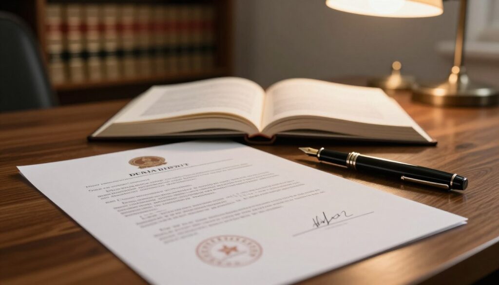 A close-up view of a neatly arranged notarial deed document on a wooden desk. The document is displayed prominently in the foreground, showcasing its official seals and signatures, with an elegant fountain pen placed beside it. In the middle, there is an open law book displaying legal terminologies related to real estate agreements. In the background, a dimly lit office is visible, with a tall bookshelf filled with legal texts and a softly glowing desk lamp casting a warm light over the scene. The mood is serious and professional, conveying the importance of proper legal documentation. Capture this scene with a shallow depth of field to emphasize the document, using natural lighting for a slight vintage aesthetic. A close-up view of a neatly arranged notarial deed document on a wooden desk. The document is displayed prominently in the foreground, showcasing its official seals and signatures, with an elegant fountain pen placed beside it. In the middle, there is an open law book displaying legal terminologies related to real estate agreements. In the background, a dimly lit office is visible, with a tall bookshelf filled with legal texts and a softly glowing desk lamp casting a warm light over the scene. The mood is serious and professional, conveying the importance of proper legal documentation. Capture this scene with a shallow depth of field to emphasize the document, using natural lighting for a slight vintage aesthetic.