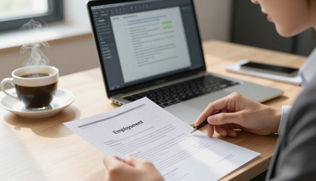 A close-up view of an office desk, featuring a cluttered workspace with a slightly crumpled employment certificate in the foreground. Include a professional-looking person in business attire, carefully reviewing the document with a focused expression. In the middle background, an open laptop displays a document editing software with visible corrections and notes. To the left, a cup of coffee emits gentle steam, creating a warm atmosphere. Soft, natural lighting filters through a window, casting subtle shadows across the desk. The overall mood conveys diligence and attention to detail, emphasizing the importance of rectifying errors in official documents like employment certificates.