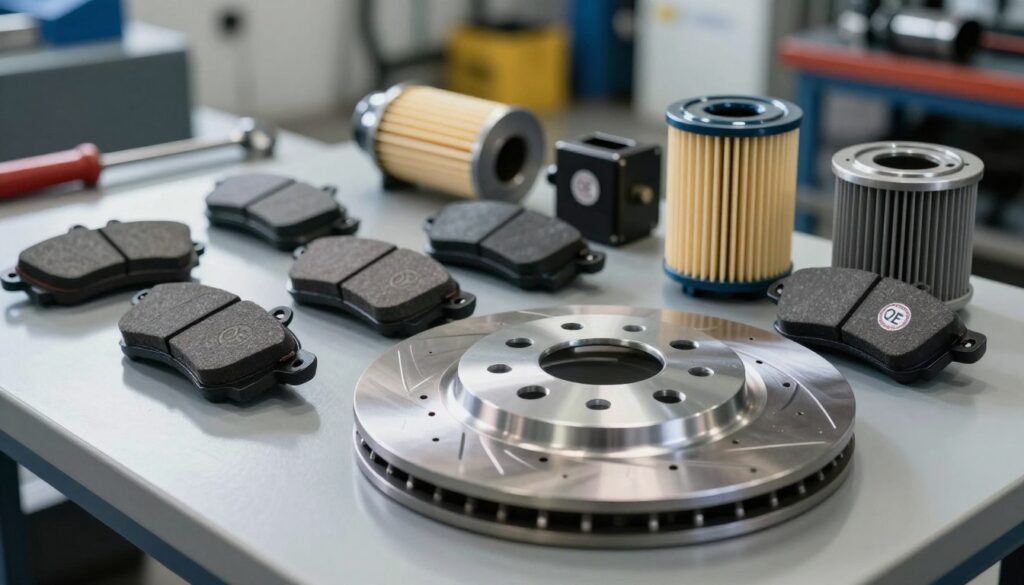 A close-up view of high-quality automotive parts on a sleek, reflective surface, showcasing components like brake pads, filters, and sensors that are marked with the OE (Original Equipment) specification seal. In the foreground, focus on a gleaming brake disc, intricately detailed, with the OE emblem prominently displayed. The middle ground features a variety of parts arranged systematically, highlighting their precision engineering. In the background, a blurred automotive workshop setting adds context, with tools and machinery subtly suggested to echo a professional atmosphere. Soft, natural lighting enhances the metallic textures, creating an inviting and authoritative feel. The overall mood conveys reliability and quality in automotive solutions.