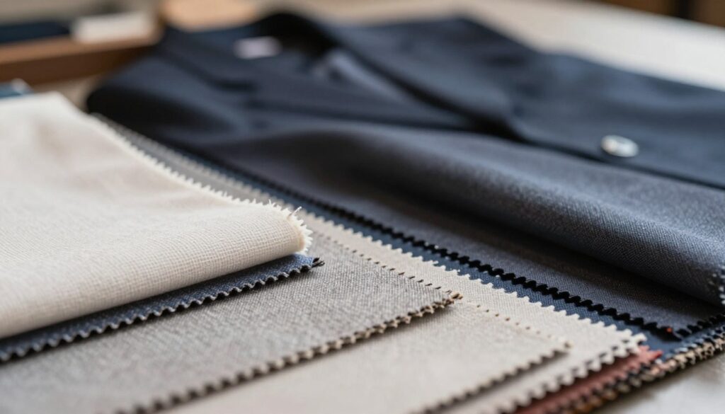 A close-up view of high-quality fabrics used in clothing, featuring elegantly arranged swatches of various materials like cotton, wool, and silk. In the foreground, display intricate textures and detailed stitching to emphasize craftsmanship. The middle ground should include subtle hints of tailored garments, showcasing their craftsmanship, with shadows that emphasize depth. The background is softly blurred, incorporating muted colors that suggest sophistication, reinforcing a sense of luxury. Soft, natural lighting illuminates the scene, casting gentle highlights on the materials, creating an inviting and professional atmosphere. The overall mood should convey quality and durability, reflecting the essence of premium clothing without any text or distracting elements. A close-up view of high-quality fabrics used in clothing, featuring elegantly arranged swatches of various materials like cotton, wool, and silk. In the foreground, display intricate textures and detailed stitching to emphasize craftsmanship. The middle ground should include subtle hints of tailored garments, showcasing their craftsmanship, with shadows that emphasize depth. The background is softly blurred, incorporating muted colors that suggest sophistication, reinforcing a sense of luxury. Soft, natural lighting illuminates the scene, casting gentle highlights on the materials, creating an inviting and professional atmosphere. The overall mood should convey quality and durability, reflecting the essence of premium clothing without any text or distracting elements.