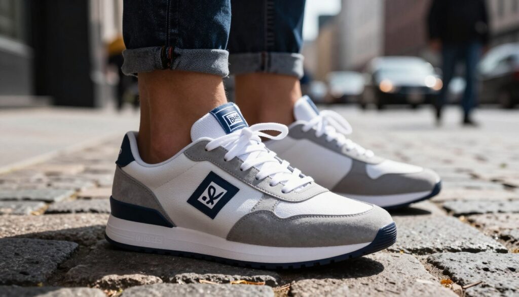 A close-up view of stylish Dockers Gerli sneakers, showcasing their unique design and craftsmanship. The sneakers should be depicted in a modern urban environment, laid against a textured, cobblestone background that evokes a vibrant city vibe. The foreground highlights the shoes, emphasizing features like the laces, padding, and materials, reflecting high-quality detailing. Natural sunlight filters through, creating soft shadows and subtle highlights that enhance the textures of the sneakers. In the background, blurred silhouettes of a bustling city street can be seen, adding to the urban atmosphere without drawing attention away from the shoes. The overall mood is energetic and fresh, perfect for urban fashion enthusiasts. A close-up view of stylish Dockers Gerli sneakers, showcasing their unique design and craftsmanship. The sneakers should be depicted in a modern urban environment, laid against a textured, cobblestone background that evokes a vibrant city vibe. The foreground highlights the shoes, emphasizing features like the laces, padding, and materials, reflecting high-quality detailing. Natural sunlight filters through, creating soft shadows and subtle highlights that enhance the textures of the sneakers. In the background, blurred silhouettes of a bustling city street can be seen, adding to the urban atmosphere without drawing attention away from the shoes. The overall mood is energetic and fresh, perfect for urban fashion enthusiasts.