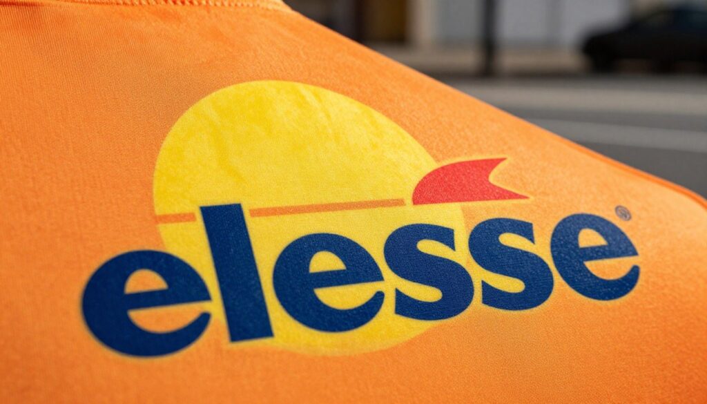 A close-up view of the iconic Ellesse logo, featuring the distinct half-sun graphic and bold lettering. The foreground showcases the logo prominently against a contrasting background, emphasizing its vibrant colors of orange, yellow, and blue. The middle layer highlights a subtle texture resembling a sporty fabric, suggesting energy and movement, while the background offers a blurred glimpse of a casual urban setting, hinting at the brand's connection to sports and lifestyle. The lighting is bright and dynamic, casting soft shadows that add depth, creating an inviting yet energetic atmosphere. The image captures the essence of the Ellesse brand—stylish, athletic, and instantly recognizable—without any text or watermarks.