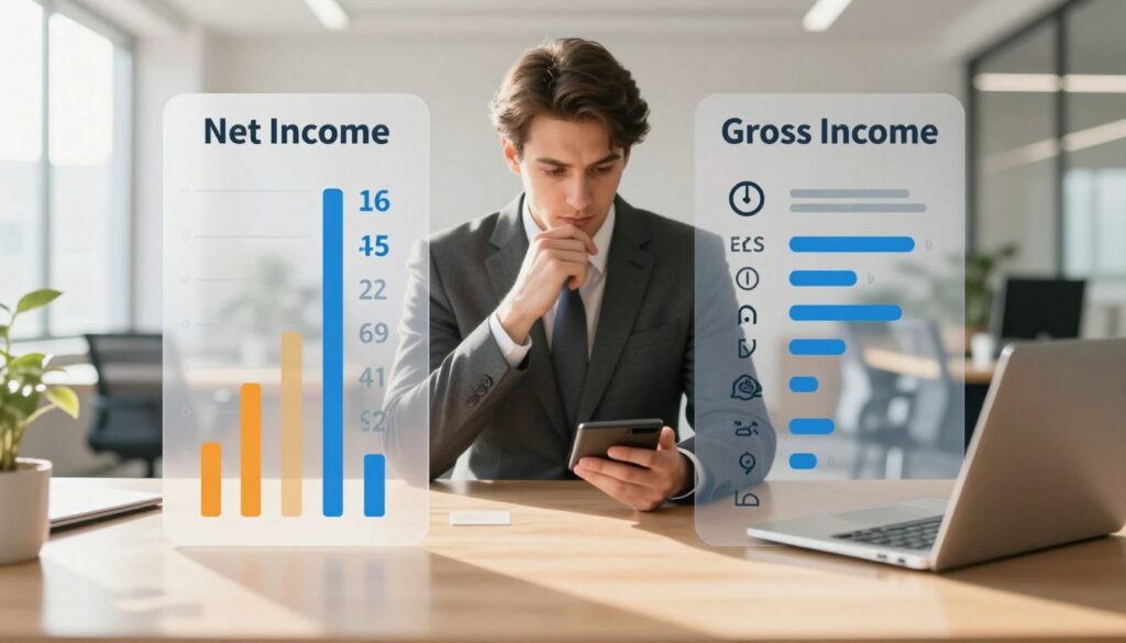 A conceptual illustration depicting a side-by-side comparison of "netto" and "brutto" monthly income. Foreground features a stylish, modern infographic layout with two clear columns labeled "Net Income" and "Gross Income," filled with abstract numeric representations and symbols of money. In the middle, a professional figure in business attire observes the chart thoughtfully, holding a calculator. The background showcases a subtly blurred office environment, emphasizing a sense of professionalism. The lighting is bright and warm, casting soft shadows for depth. Use a wide-angle lens effect to create an inviting atmosphere, conveying a mood of financial awareness and clarity. No text overlays or distractions, maintaining focus on the graphical elements and the professional vibe. A conceptual illustration depicting a side-by-side comparison of "netto" and "brutto" monthly income. Foreground features a stylish, modern infographic layout with two clear columns labeled "Net Income" and "Gross Income," filled with abstract numeric representations and symbols of money. In the middle, a professional figure in business attire observes the chart thoughtfully, holding a calculator. The background showcases a subtly blurred office environment, emphasizing a sense of professionalism. The lighting is bright and warm, casting soft shadows for depth. Use a wide-angle lens effect to create an inviting atmosphere, conveying a mood of financial awareness and clarity. No text overlays or distractions, maintaining focus on the graphical elements and the professional vibe.
