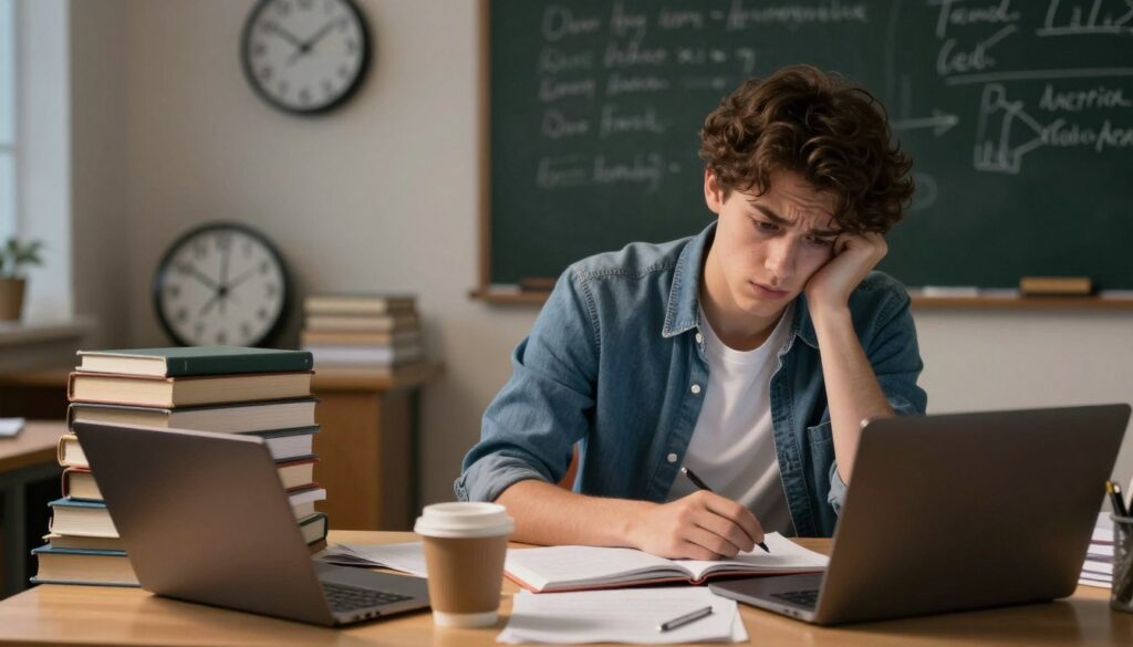A concerned university student sitting at a desk piled high with books, surrounded by open notebooks and a laptop, embodying the stress of academic pressure. In the foreground, emphasize the student's worried expression, reflecting uncertainty about receiving a conditional pass. In the middle ground, depict a clock showing late hours, symbolizing time constraints, alongside a coffee cup indicating long study nights. The background features a dimly lit study room with scattered papers and a chalkboard with scribbled notes, creating an atmosphere of tension and urgency. Soft, warm lighting casts shadows, contributing to a subdued, anxious mood. The scene captures a moment of introspection as the student contemplates their academic challenges, dressed in smart casual attire, suitable for a learning environment.