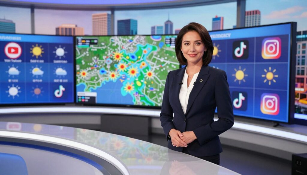 A confident female weather presenter, dressed in professional, elegant business attire, stands in front of a modern digital weather display. The foreground features a sleek, high-tech studio setting with stylish LED screens depicting weather forecasts and social media icons representing platforms like YouTube, TikTok, and Instagram. In the middle ground, an interactive map shows weather patterns, while the background presents a vibrant city skyline through a large window, bathed in soft, natural light. The atmosphere is dynamic and engaging, evoking a sense of professionalism and innovation in digital weather reporting. The angle captures both the presenter and the technology to emphasize the intersection of weather forecasting and online platforms.