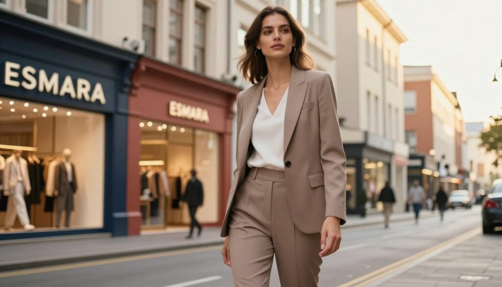A confident, modern woman standing in a stylish urban environment, showcasing Esmara clothing. She is wearing a chic, professional outfit—perhaps a tailored blazer and elegant trousers—emphasizing sophistication and comfort. The foreground highlights her poised expression and stylish attire. In the middle ground, a city street with vibrant shopfronts reflects a lively shopping atmosphere, suggesting accessibility and trendiness. The background features soft, golden-hour lighting to create a warm and inviting mood. The angle is slightly low, accentuating her stature and the surrounding urban landscape. The overall atmosphere is dynamic and fashionable, embodying the essence of a contemporary clothing brand.