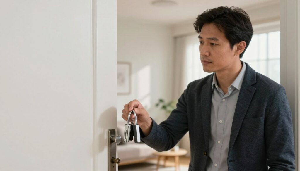 A confident tenant stands at a door, holding a set of modern locks in one hand, looking thoughtfully at the old lock on the door. The foreground captures the tenant in professional casual attire, showcasing a determined expression. The middle layer features the door with its old-fashioned lock, while the background includes a cozy, well-lit apartment setting with subtle decor. Soft, natural lighting from a nearby window casts gentle shadows, evoking a sense of introspection and empowerment. The angle is slightly tilted, creating a dynamic composition that emphasizes the tenant's action. Overall, the mood is pragmatic and focused, reflecting the theme of a tenant contemplating their rights and responsibilities regarding lock replacement.
