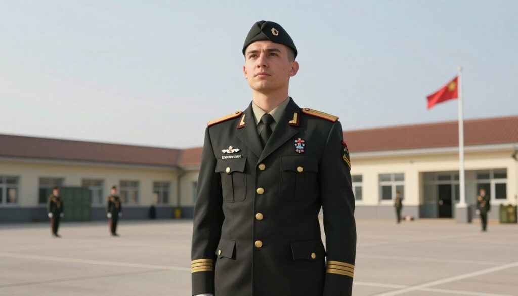 A confident young officer in a smart military uniform stands at the forefront, embodying the rank of "podporucznik." He is exuding a sense of pride and determination, his uniform neatly tailored with badges symbolizing his achievements. The background features a military base with training facilities and flags lightly waving in the breeze, symbolizing a strong sense of duty. Soft, natural lighting illuminates the scene, highlighting the officer’s features and the details of the uniform. The camera angle is slightly low, providing a sense of grandeur and emphasizing the significance of the position. The atmosphere conveys ambition and readiness, ideal for illustrating a transition from civilian education to military leadership. A confident young officer in a smart military uniform stands at the forefront, embodying the rank of "podporucznik." He is exuding a sense of pride and determination, his uniform neatly tailored with badges symbolizing his achievements. The background features a military base with training facilities and flags lightly waving in the breeze, symbolizing a strong sense of duty. Soft, natural lighting illuminates the scene, highlighting the officer’s features and the details of the uniform. The camera angle is slightly low, providing a sense of grandeur and emphasizing the significance of the position. The atmosphere conveys ambition and readiness, ideal for illustrating a transition from civilian education to military leadership.