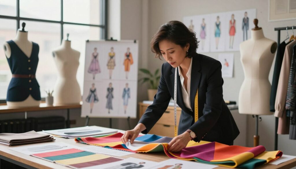 A contemporary fashion designer at work in a stylish loft studio, surrounded by various fabric swatches and fashion sketches. In the foreground, the designer, a mid-age individual with a focused expression, is draped in a sleek business outfit, carefully analyzing a vibrant fabric. In the middle, sketches of high-fashion garments hang on the walls, and mannequins display elegant outfits in a range of styles. In the background, large windows let in soft, ambient light, creating a warm, inviting atmosphere. The setting should convey a blend of creativity and professionalism, showcasing the designer's innovative spirit amidst the hustle of the global fashion industry, emphasizing their international influence. The photo should have a soft focus with a shallow depth of field, highlighting the designer's determination and passion.