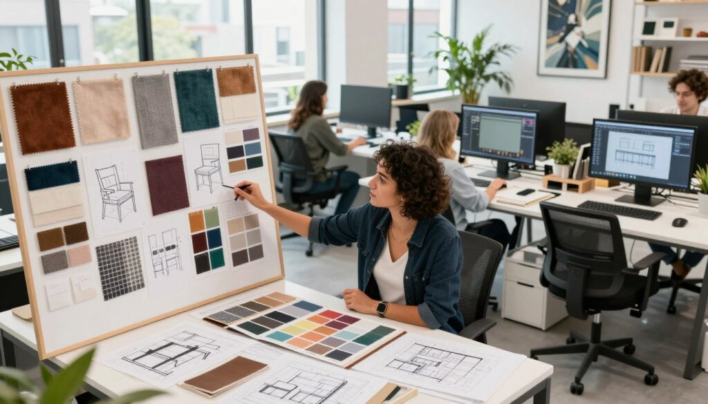 A contemporary interior design studio bustling with activity, featuring a creative professional working on a large mood board filled with fabric swatches, color palettes, and design sketches. In the foreground, the designer, dressed in smart casual attire, is deep in thought, surrounded by samples of furniture and materials. The middle ground showcases sleek workstations with design software on computer screens and architectural plans spread out. The background reveals large windows allowing natural light to flood the space, highlighting the modern aesthetic of the studio with plants and art pieces. The atmosphere is vibrant and inspiring, embodying creativity and professionalism, captured from a slightly elevated angle to encompass the full scene.