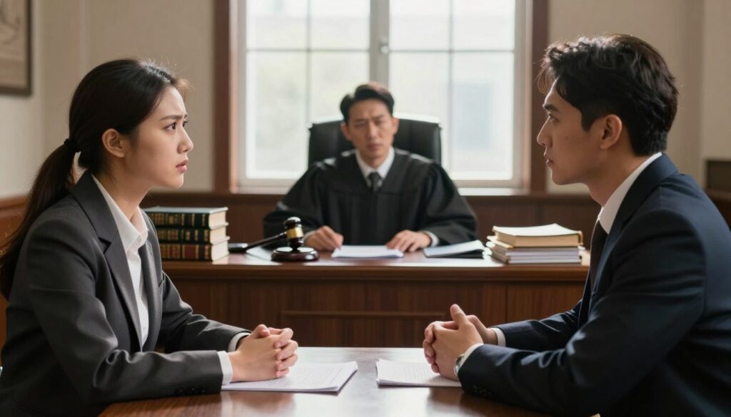 A courtroom scene depicting bad faith adverse possession in action. In the foreground, two well-dressed individuals—one representing the owner and the other the squatter—are engaged in a tense discussion, their expressions reflecting frustration and determination. The middle ground features a judge seated at the bench with a gavel raised, conveying authority. Behind them, a large window lets in dramatic, diffused sunlight illuminating the scene, casting long shadows that enhance the tension. The background shows legal books and documents scattered on the desk, emphasizing the legal context. The atmosphere is serious and charged, highlighting the complexities and moral dilemmas of property law, with a focus on the implications of bad faith.