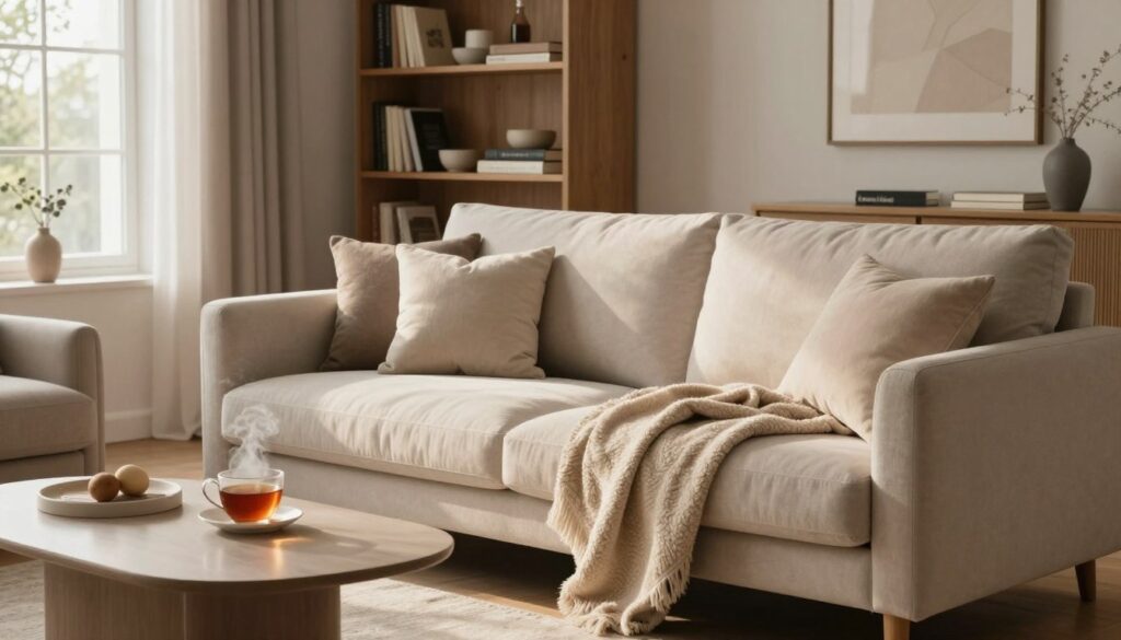 A cozy, elegantly styled living room that embodies the essence of "komfort." In the foreground, a plush, inviting sofa with soft cushions and a luxurious throw blanket, accented by a stylish coffee table topped with a steaming cup of tea. In the middle ground, a beautifully arranged bookshelf filled with tasteful decor and books. The background features a large window letting in warm, natural light, casting gentle shadows across the room. The overall color palette consists of soft neutrals and earthy tones, creating a soothing atmosphere. The mood is tranquil and inviting, perfect for relaxation, with a focus on quality craftsmanship in every detail. The scene captures timeless elegance without any people present. A cozy, elegantly styled living room that embodies the essence of "komfort." In the foreground, a plush, inviting sofa with soft cushions and a luxurious throw blanket, accented by a stylish coffee table topped with a steaming cup of tea. In the middle ground, a beautifully arranged bookshelf filled with tasteful decor and books. The background features a large window letting in warm, natural light, casting gentle shadows across the room. The overall color palette consists of soft neutrals and earthy tones, creating a soothing atmosphere. The mood is tranquil and inviting, perfect for relaxation, with a focus on quality craftsmanship in every detail. The scene captures timeless elegance without any people present.