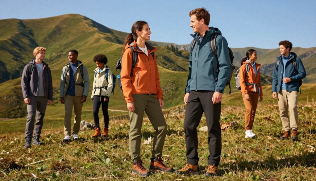 A cozy outdoor scene featuring a diverse group of individuals dressed in Elbrus outdoor clothing, showcasing comfort and style. In the foreground, a man and a woman are engaged in conversation while wearing stylish yet functional jackets, hiking pants, and sturdy footwear, all designed for versatility. The middle ground displays an expansive mountainous landscape with lush green hills and a clear blue sky, emphasizing the connection to nature and adventure. The sunlight casts a warm, golden glow, enhancing the inviting atmosphere. In the background, additional hikers are seen exploring the terrain, reinforcing the theme of outdoor lifestyle. Capture the essence of quality and everyday comfort, suitable for both adventure and casual settings, ensuring the scene feels welcoming and inspiring.