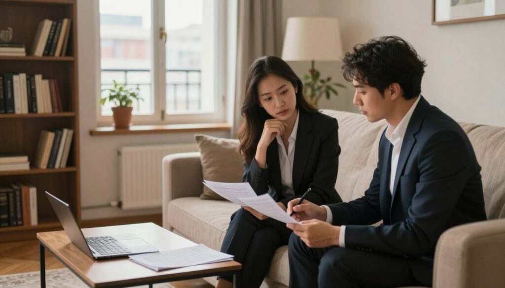 A cozy, well-furnished apartment interior featuring a warm, inviting living room with a soft sofa, a small coffee table, and a bookshelf filled with books. In the foreground, a couple of professional individuals dressed in smart business attire are looking over legal documents and discussing notes, their expressions focused and contemplative. In the middle ground, a stylish window reveals a glimpse of the city, bathed in soft, natural daylight that enhances the serene atmosphere. The background showcases a hint of a balcony with potted plants, suggesting a lived-in feel. The overall mood is thoughtful and serious, capturing the essence of real estate discussions following the passing of a property owner. The composition is shot from a slightly elevated angle, drawing the viewer into the intimate setting.