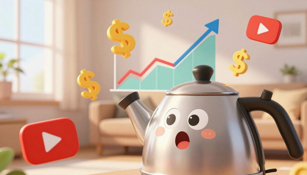 A creative, visually engaging illustration depicting a cartoon kettle surrounded by floating dollar signs and YouTube play buttons. The kettle, glossy and shiny, occupies the foreground, with a surprised expression on its face, as if astonished by its earnings. In the middle ground, a graph displaying increasing revenue over time sweeps upward, adorned with colorful lines and arrows. The background features a cozy home setting, with soft morning light streaming through a window, casting gentle shadows. The atmosphere is bright and optimistic, emphasizing the financial success of the kettle on YouTube. The angle captures both the kettle and the graph in an inviting perspective, highlighting the connection between views and earnings without any text or distractions.