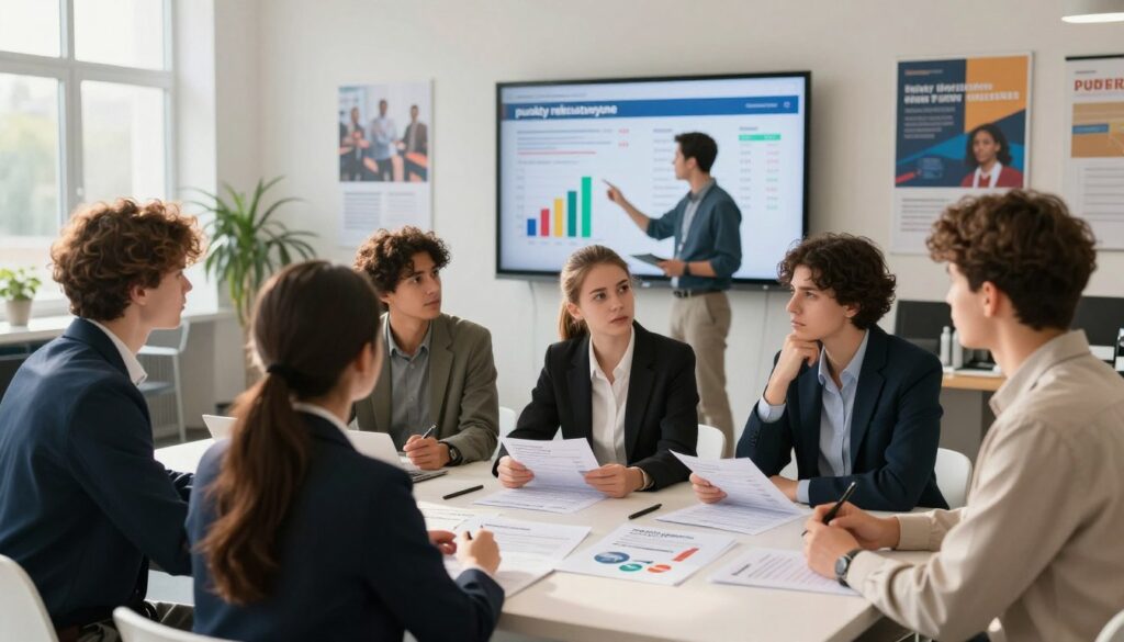 A detailed and informative scene depicting the concept of "punkty rekrutacyjne" in a university setting. In the foreground, a diverse group of students, portraying various ethnicities, nervously discuss their application scores at a sleek, modern recruitment office. They are dressed in professional business attire, surrounded by brochures and charts outlining admission criteria. In the middle ground, a large digital screen displays colorful graphs and statistics related to admission points, with an advisor gesturing towards it. The background features a bright, open space with inspirational academic posters, sunlight streaming through large windows to create a warm and inviting atmosphere. The mood is a blend of hopefulness and anxiety, emphasizing the importance of understanding recruitment points for popular study programs. A detailed and informative scene depicting the concept of "punkty rekrutacyjne" in a university setting. In the foreground, a diverse group of students, portraying various ethnicities, nervously discuss their application scores at a sleek, modern recruitment office. They are dressed in professional business attire, surrounded by brochures and charts outlining admission criteria. In the middle ground, a large digital screen displays colorful graphs and statistics related to admission points, with an advisor gesturing towards it. The background features a bright, open space with inspirational academic posters, sunlight streaming through large windows to create a warm and inviting atmosphere. The mood is a blend of hopefulness and anxiety, emphasizing the importance of understanding recruitment points for popular study programs.