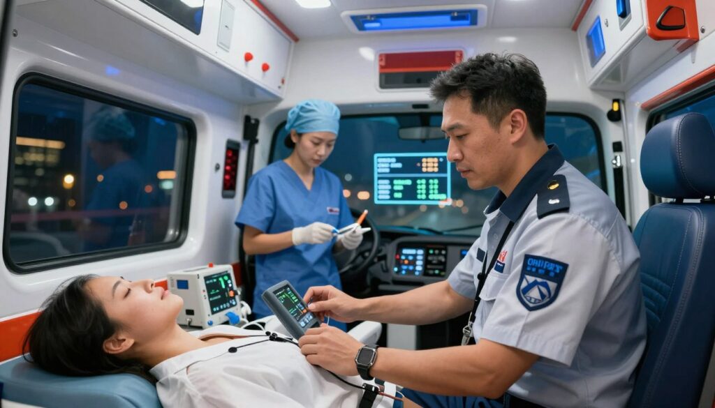 A detailed depiction of an ambulance driver in a bright, modern ambulance interior, surrounded by medical equipment and supplies. The driver, wearing a professional uniform, is attentively working, with focused expression while checking the patient’s vitals. In the middle ground, a co-driver in scrubs is preparing medical instruments, while infographics displaying salary and benefits like overtime hours subtly blend into the scenery. The background showcases city lights through a window, indicating a night shift atmosphere. Soft, ambient lighting accentuates the urgency and professionalism of the scene. Capture a balanced composition with a slight angle to highlight the teamwork and dedication needed in emergency services. The mood is serious yet hopeful, reflecting the critical role of ambulance drivers in healthcare. A detailed depiction of an ambulance driver in a bright, modern ambulance interior, surrounded by medical equipment and supplies. The driver, wearing a professional uniform, is attentively working, with focused expression while checking the patient’s vitals. In the middle ground, a co-driver in scrubs is preparing medical instruments, while infographics displaying salary and benefits like overtime hours subtly blend into the scenery. The background showcases city lights through a window, indicating a night shift atmosphere. Soft, ambient lighting accentuates the urgency and professionalism of the scene. Capture a balanced composition with a slight angle to highlight the teamwork and dedication needed in emergency services. The mood is serious yet hopeful, reflecting the critical role of ambulance drivers in healthcare.