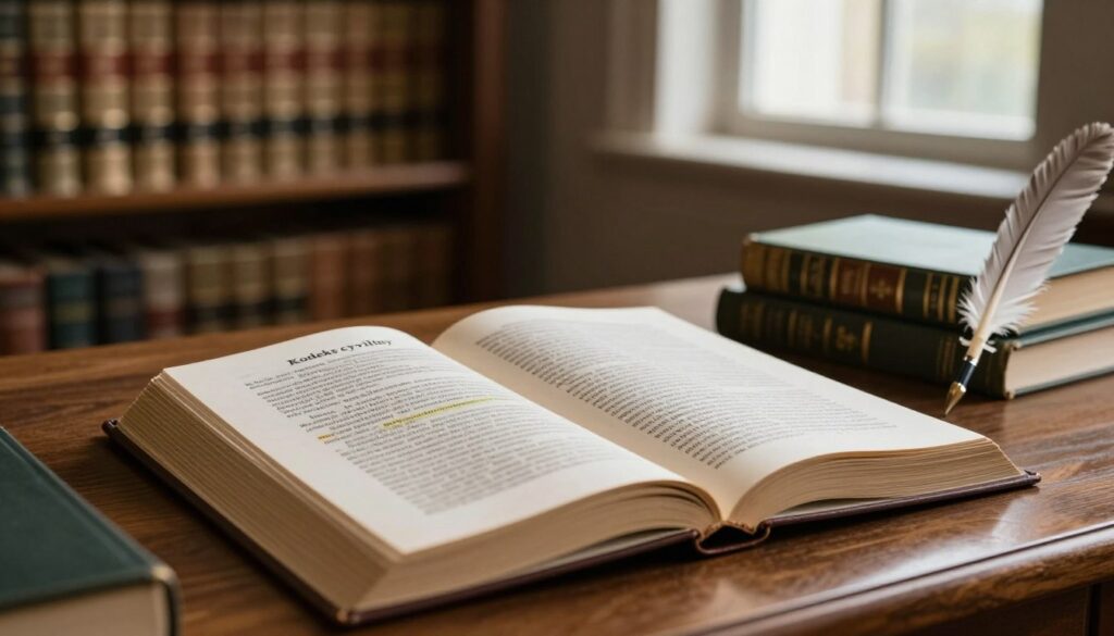 A detailed, elegant representation of the "Kodeks cywilny" (Civil Code) open on a wooden desk, surrounded by legal books and a quill pen. In the foreground, the open pages show intricate legal text with highlighted sections, symbolizing the immediate termination of leases. The middle ground features a softly lit library filled with stacks of legal volumes, conveying an atmosphere of authority and research. In the background, a large window lets in warm, natural light, casting gentle shadows. The overall mood is serious and contemplative, suitable for legal professionals and students. The scene is free of any text overlays or watermarks, emphasizing the importance of the legal document. A detailed, elegant representation of the "Kodeks cywilny" (Civil Code) open on a wooden desk, surrounded by legal books and a quill pen. In the foreground, the open pages show intricate legal text with highlighted sections, symbolizing the immediate termination of leases. The middle ground features a softly lit library filled with stacks of legal volumes, conveying an atmosphere of authority and research. In the background, a large window lets in warm, natural light, casting gentle shadows. The overall mood is serious and contemplative, suitable for legal professionals and students. The scene is free of any text overlays or watermarks, emphasizing the importance of the legal document.