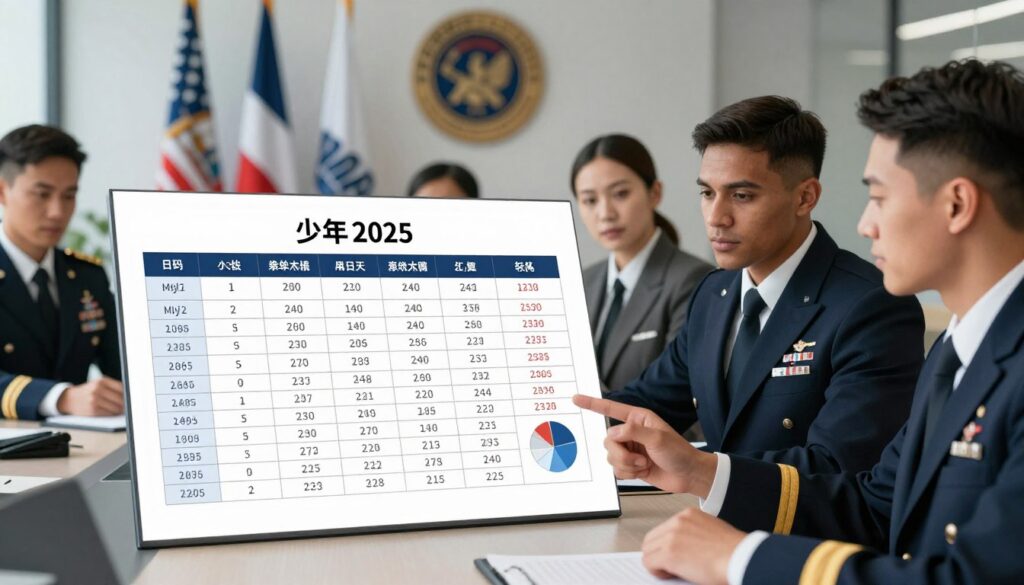 A detailed illustration of a military pay table for the year 2025, prominently featuring a clean and organized chart comparing the salaries of different military ranks including the Major. In the foreground, showcase a professional and diverse group of military officers in business attire, analyzing the chart with expressions of focus and determination. The middle ground features a sleek, modern table displaying the pay table clearly, with charts and numbers highlighted. The background should depict a contemporary military office setting, with flags, insignia, and subtle patriotic elements. The lighting is bright and clear, emphasizing the professionalism of the scene. The mood is serious and informative, reflecting the importance of financial matters in the military context.