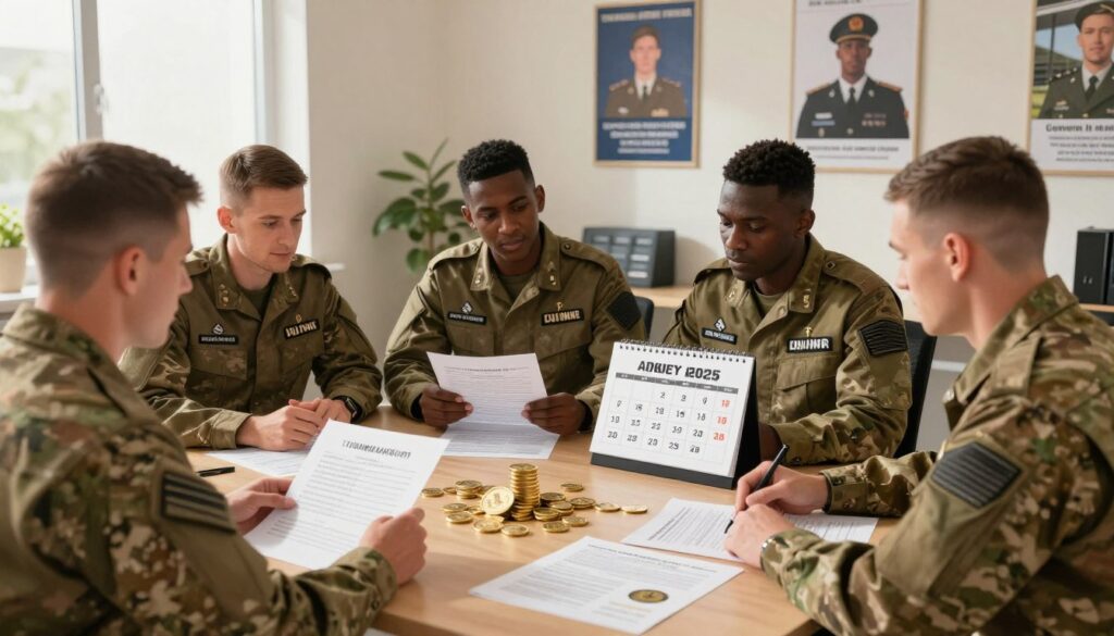 A detailed illustration portraying various elements of financial incentives available to soldiers in the Territorial Defense Forces (WOT). In the foreground, a diverse group of soldiers in professional military uniforms are discussing and reviewing charts and documents that represent financial benefits and bonuses. In the middle ground, a table is filled with symbolic items such as coins, duty pay forms, and a calendar highlighting special bonus dates. The background features a softly lit military office setting, with motivational posters about service and duty on the walls. The atmosphere is one of camaraderie and determination, with natural light filtering through a window to create a hopeful and engaging mood.