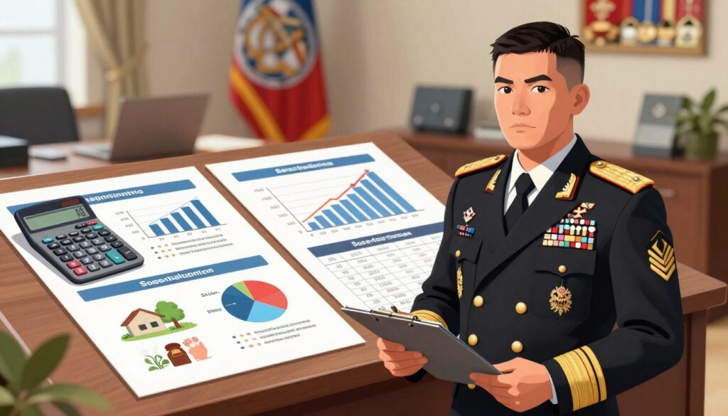 A detailed illustration representing the components of a colonel’s compensation in the military. In the foreground, a professional-looking colonel, dressed in full military uniform, stands confidently with a serious expression, holding a clipboard filled with numerical data. In the middle, a table displays various elements like a calculator, charts showing salary breakdowns, and images of benefits such as housing and health care. The background features a military office with flags and medals on the wall, subtly indicating authority and accomplishment. The lighting is bright and focused on the table, creating a clear and informative atmosphere. The angle is slightly elevated, allowing for a comprehensive view of the scene, emphasizing professionalism and clarity in understanding military pay components.