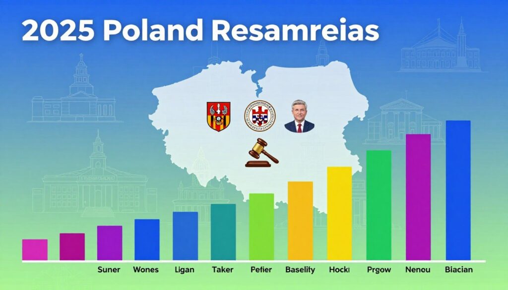 A detailed infographic showcasing the gross salaries of various counties in Poland for 2025. In the foreground, include a stylized bar graph with vibrant colors representing different counties, each labeled clearly. In the middle, display an array of icons symbolizing regional governance, such as county seals and gavel icons, creating a thematic connection to local leadership. The background should be a subtle gradient of blue and green, symbolizing growth and prosperity, with faint outlines of Polish landmarks to provide context. Soft lighting illuminates the entire composition, creating an optimistic and professional atmosphere. The image should be clean and organized, emphasizing clarity and easy understanding, without any text, overlays, or extraneous details.