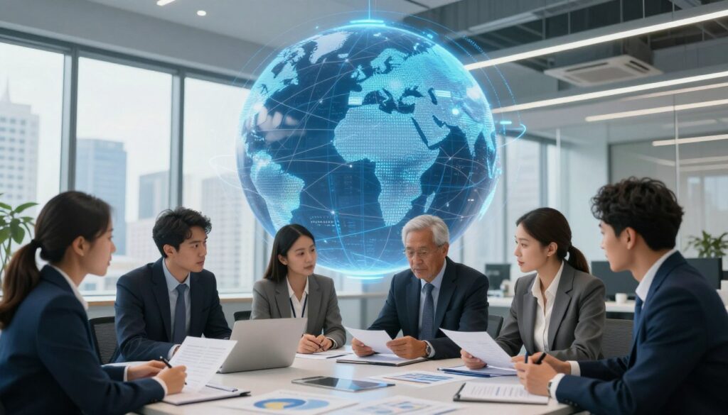 A detailed representation of Dun & Bradstreet's global business operations. In the foreground, a diverse group of business professionals in smart business attire, engaged in a discussion, analyzing charts and reports. In the middle ground, a large digital globe with interconnected lines illustrating data flow across various countries, symbolizing extensive market reach. The background features a sleek modern office environment with panoramic windows overlooking a city skyline, suggesting a thriving business atmosphere. Soft, natural lighting enhances the professional mood, with a focus on collaboration and innovation. The angle is slightly elevated to capture both the people and the globe, conveying the scale and significance of Dun & Bradstreet's impact on global commerce.