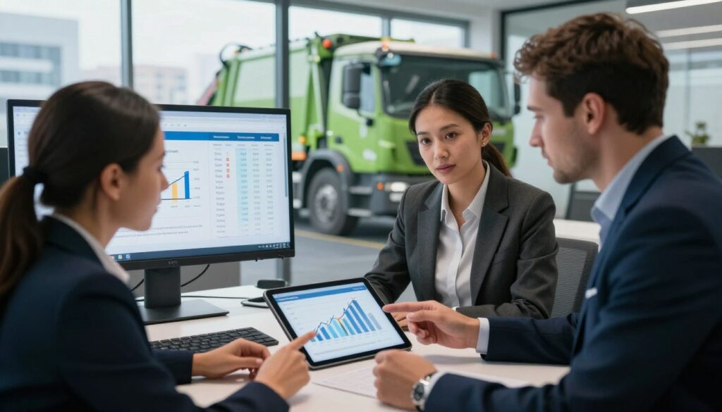 A detailed scene depicting a professional environment focused on the salary of a garbage truck driver in Poland in 2025. In the foreground, present a diverse group of three individuals in professional attire, discussing salary figures while looking at a graph on a digital tablet. The middle ground features a modern office setting with sleek furniture and charts displayed on a screen, highlighting various net wage brackets. In the background, a window reveals a cityscape, possibly with garbage trucks in motion, symbolizing the work environment. Soft, natural lighting should create an inviting atmosphere, while a slight perspective angle gives depth to the scene, emphasizing teamwork and a professional discussion about earnings.