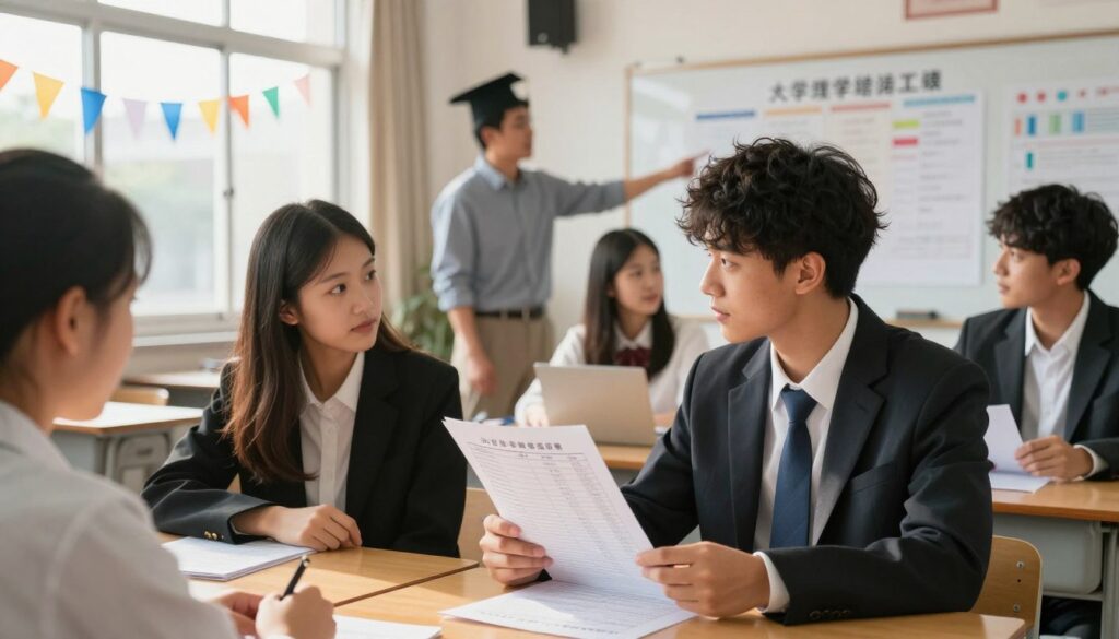 A detailed scene of a high school classroom during graduation season, featuring a diverse group of students dressed in professional attire, engaged in discussions about their exam results. In the foreground, a student is analyzing a results sheet filled with numbers, representing their final grades. The middle ground includes a teacher offering guidance, pointing towards a whiteboard with charts showing the grading conversion for university admissions. The background showcases colorful graduation decorations, and sunlight streams through large windows, creating a warm and hopeful atmosphere. The overall mood is one of anticipation and determination, emphasizing the importance of these results for their future studies. A detailed scene of a high school classroom during graduation season, featuring a diverse group of students dressed in professional attire, engaged in discussions about their exam results. In the foreground, a student is analyzing a results sheet filled with numbers, representing their final grades. The middle ground includes a teacher offering guidance, pointing towards a whiteboard with charts showing the grading conversion for university admissions. The background showcases colorful graduation decorations, and sunlight streams through large windows, creating a warm and hopeful atmosphere. The overall mood is one of anticipation and determination, emphasizing the importance of these results for their future studies.