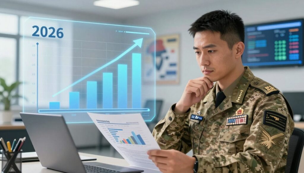 A detailed, stylized illustration depicting a financial projection for 2026, focusing on salary increases in a military context. In the foreground, a thoughtful officer in professional military attire studies a report with charts and graphs, emphasizing anticipated salary changes. In the middle ground, a large, interactive financial graph displays increasing baseline figures and arrows pointing upward, symbolizing growth. In the background, a bright and modern military office environment with motivational posters and digital screens showcasing statistical data. Soft, focused lighting highlights the officer's expression of determination, creating a professional and optimistic atmosphere. The camera angle is slightly elevated, capturing both the officer and the visual data effectively. A detailed, stylized illustration depicting a financial projection for 2026, focusing on salary increases in a military context. In the foreground, a thoughtful officer in professional military attire studies a report with charts and graphs, emphasizing anticipated salary changes. In the middle ground, a large, interactive financial graph displays increasing baseline figures and arrows pointing upward, symbolizing growth. In the background, a bright and modern military office environment with motivational posters and digital screens showcasing statistical data. Soft, focused lighting highlights the officer's expression of determination, creating a professional and optimistic atmosphere. The camera angle is slightly elevated, capturing both the officer and the visual data effectively.
