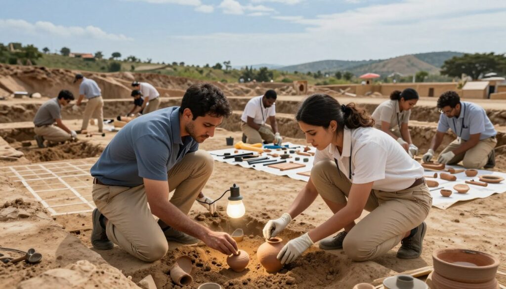 A diverse group of professional archaeologists working diligently at an excavation site, capturing the essence of their field. In the foreground, two archaeologists, one male and one female, are carefully brushing dirt off ancient pottery under the soft glow of a portable lamp. The middle ground features excavation tools and artifacts laid out on a tarp, with excavation grids marked in the earth. The background showcases a vast archaeological site with rocky terrain and distant hills. The scene is illuminated with natural sunlight, creating a warm and inviting atmosphere, with blue skies above. The archaeologists are dressed in modest, practical clothing suitable for fieldwork, such as khaki shorts and shirts, reflecting professionalism and dedication to their craft. The angle captures the depth of the site, emphasizing the hard work and collaboration of the team. A diverse group of professional archaeologists working diligently at an excavation site, capturing the essence of their field. In the foreground, two archaeologists, one male and one female, are carefully brushing dirt off ancient pottery under the soft glow of a portable lamp. The middle ground features excavation tools and artifacts laid out on a tarp, with excavation grids marked in the earth. The background showcases a vast archaeological site with rocky terrain and distant hills. The scene is illuminated with natural sunlight, creating a warm and inviting atmosphere, with blue skies above. The archaeologists are dressed in modest, practical clothing suitable for fieldwork, such as khaki shorts and shirts, reflecting professionalism and dedication to their craft. The angle captures the depth of the site, emphasizing the hard work and collaboration of the team.
