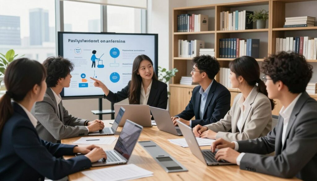 A diverse group of young professionals in a modern office setting, engaged in discussions around a conference table. They are dressed in smart business attire, with laptops and paperwork spread out in front of them. One person, a young woman, points to an infographic on a screen, illustrating various employment scenarios like part-time work and internships. Soft, natural daylight streams in through large windows, creating a warm and inviting atmosphere. The background features bookcases filled with resources on labor laws and employee rights, while an inspiring city skyline is visible outside. The shot is captured from a slightly elevated angle, emphasizing collaboration and engagement among the individuals, conveying a sense of professionalism and motivation. A diverse group of young professionals in a modern office setting, engaged in discussions around a conference table. They are dressed in smart business attire, with laptops and paperwork spread out in front of them. One person, a young woman, points to an infographic on a screen, illustrating various employment scenarios like part-time work and internships. Soft, natural daylight streams in through large windows, creating a warm and inviting atmosphere. The background features bookcases filled with resources on labor laws and employee rights, while an inspiring city skyline is visible outside. The shot is captured from a slightly elevated angle, emphasizing collaboration and engagement among the individuals, conveying a sense of professionalism and motivation.