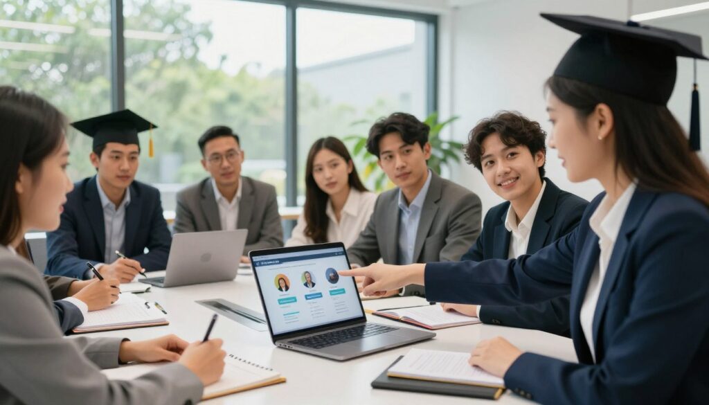 A diverse group of young professionals in smart business attire, gathered around a modern conference table, engaged in a lively discussion about career opportunities after completing their bachelor's degrees. In the foreground, a confident female leader points to a digital presentation displayed on a sleek laptop, showcasing various career paths and further education options. The middle ground highlights focused expressions on the faces of participants, who take notes and exchange ideas enthusiastically. In the background, large windows allow natural light to flood the room, illuminating the contemporary office setting with greenery outside, symbolizing growth and potential. The atmosphere is vibrant and optimistic, reflecting the value and recognition of bachelor's degrees in the EU, conveying a sense of collaboration and future possibilities.
